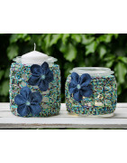 Umhäkelte Windlichter mit Jeansblumen - blau-grün